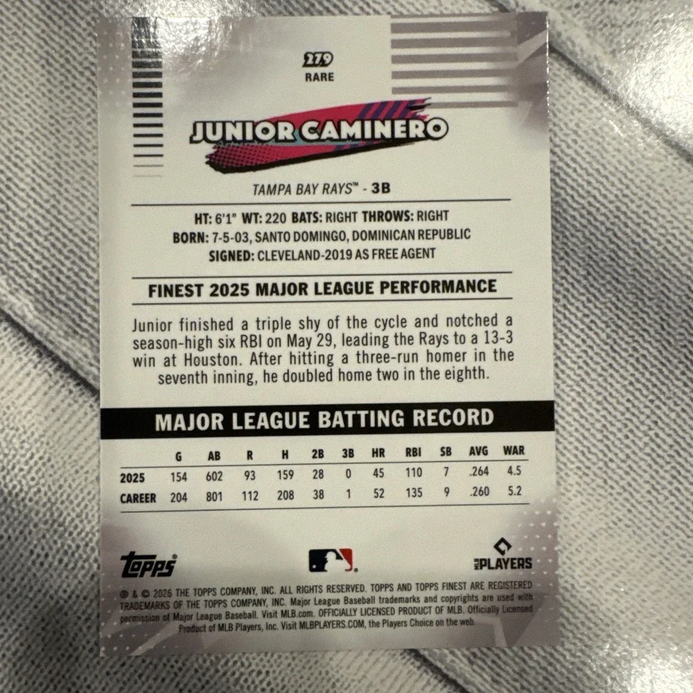 Topps Finest 2026 Junior Caminero Tampa Bay Rays Rare #279 MLB Card